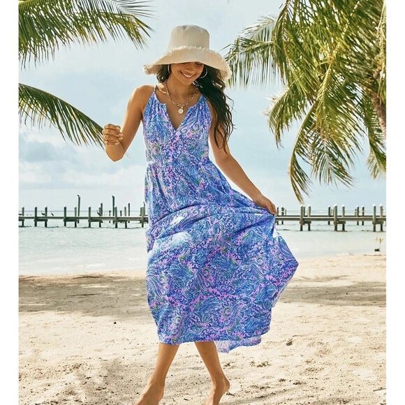 Lilly Pulitzer Maribella Halter Maxi Dress Beach Cotton M/L 282380 - Picture 1 of 6